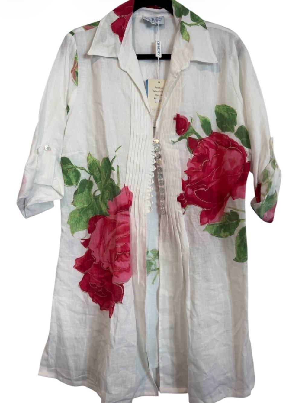 NWT Sagimar White Linen Button-Front Tunic with Pink Rose Print Size Large